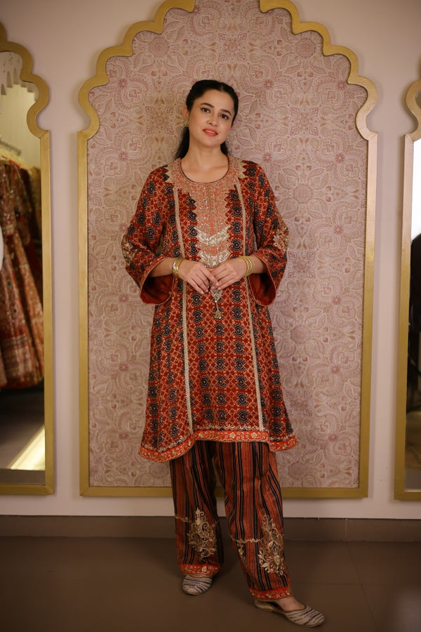 Ajrak Printed Gajji Silk Suit-Rich Brick Red