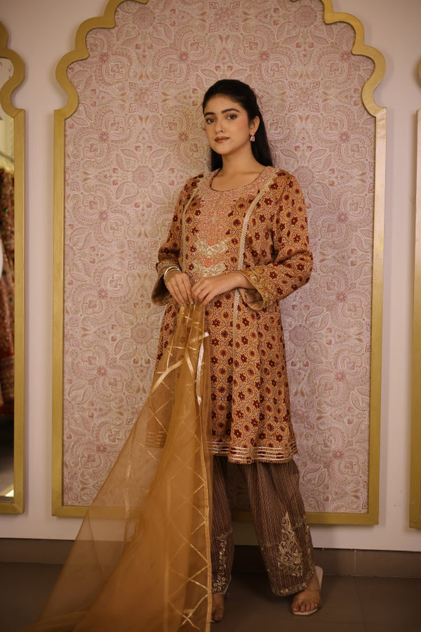 Ajrak Printed Gajji Silk Suit- Peach