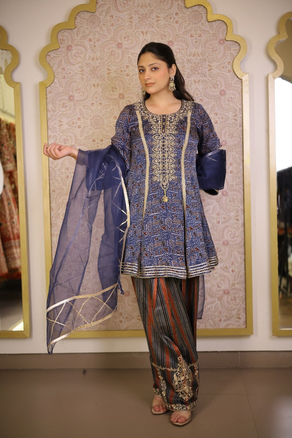 Ajrak Printed Gajji Silk Suit- Deep Indigo Blue