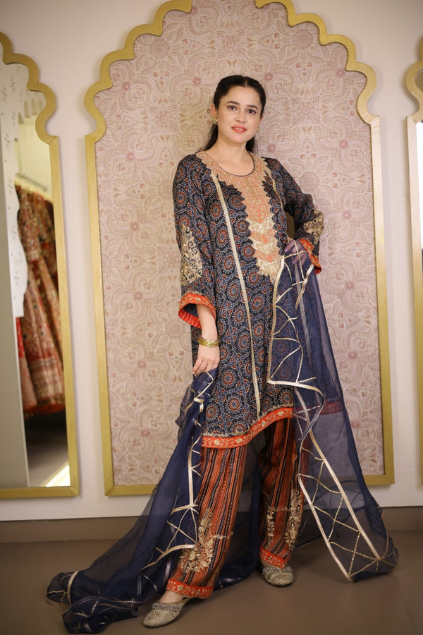 Ajrak Printed Gajji Silk Suit- Deep blue & Brick red