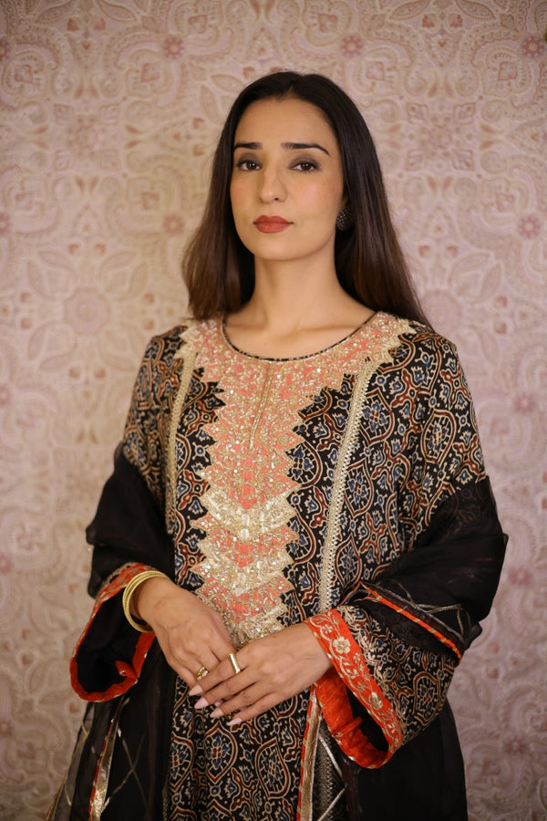 Ajrak Printed Gajji Silk Suit- Black