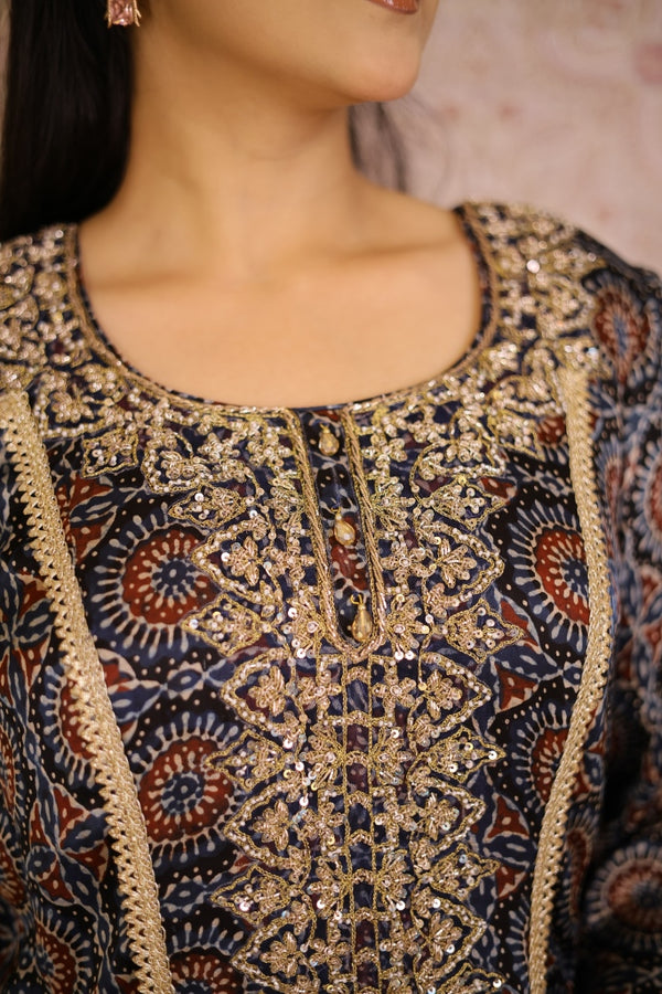 Ajrak Printed Gajji Silk Suit- Blue & Peach