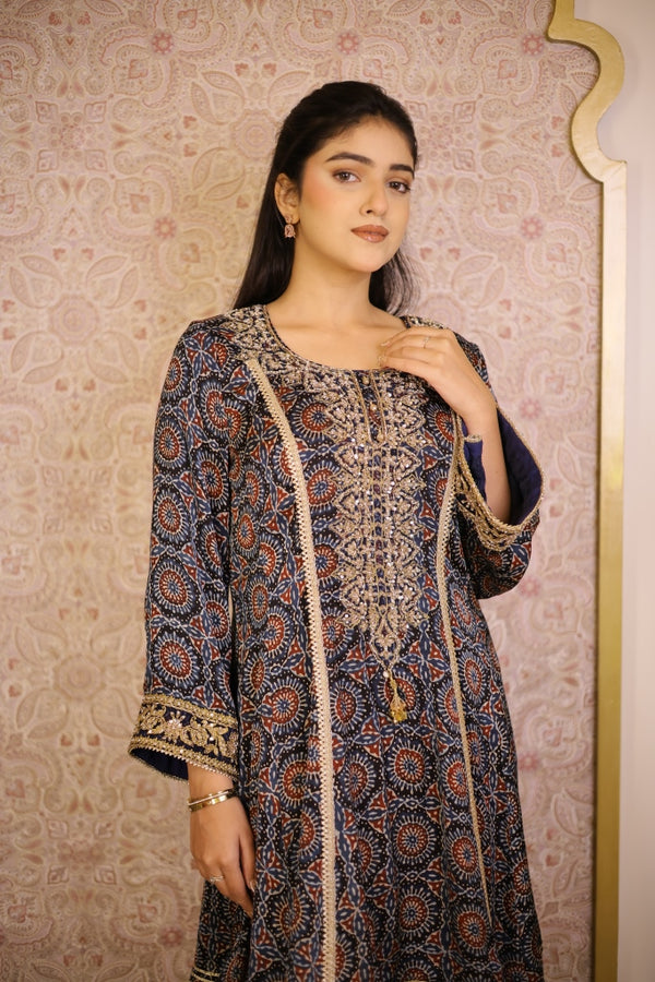 Ajrak Printed Gajji Silk Suit- Blue & Peach