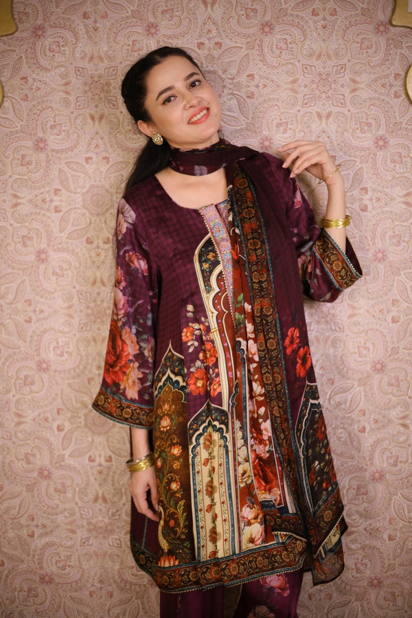 Digital Print Floral Suit- Deep Plum