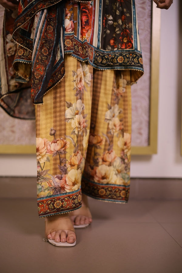 Digital Print Floral Suit- Mustard Brown