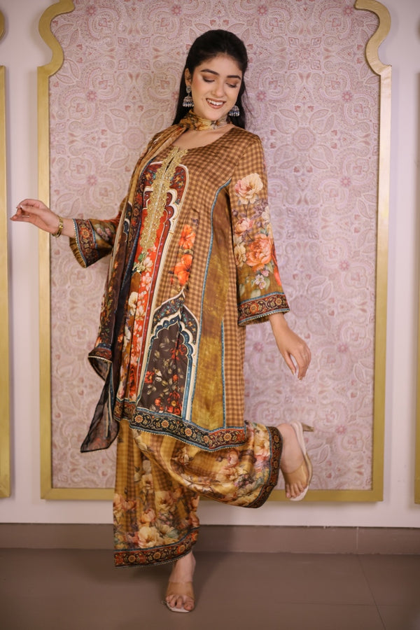Digital Print Floral Suit- Mustard Brown