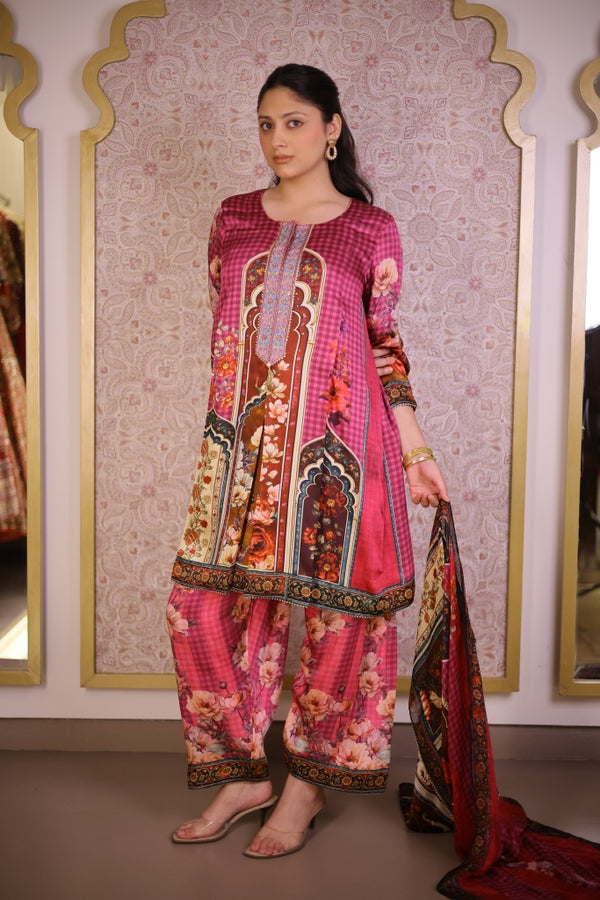 Digital Print Floral Suit-Hot Pink