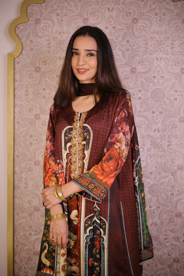 Digital Print Floral Suit-Brown