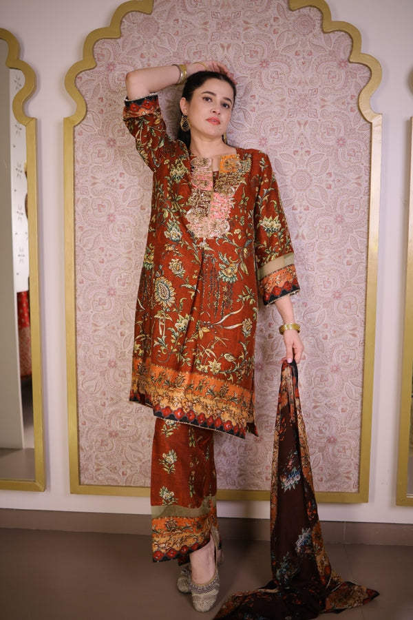 Digital Print Floral Suit-Rust Orange