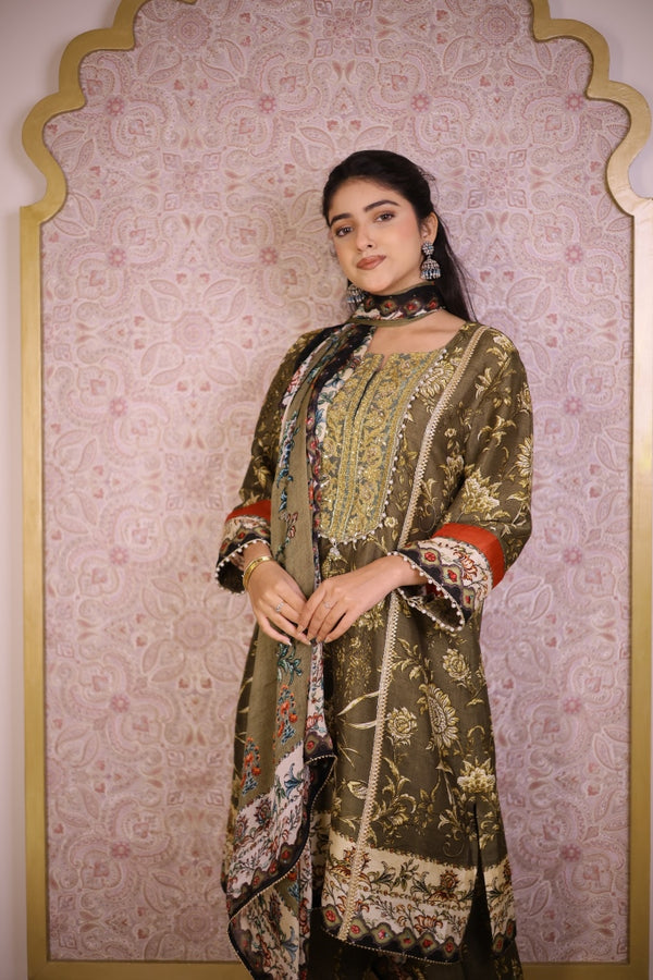 Digital Print Floral Suit-Olive Green