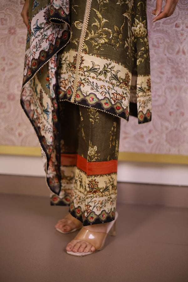 Digital Print Floral Suit-Olive Green