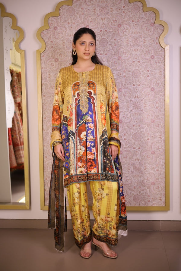 Digital Print Floral Suit-Yellow