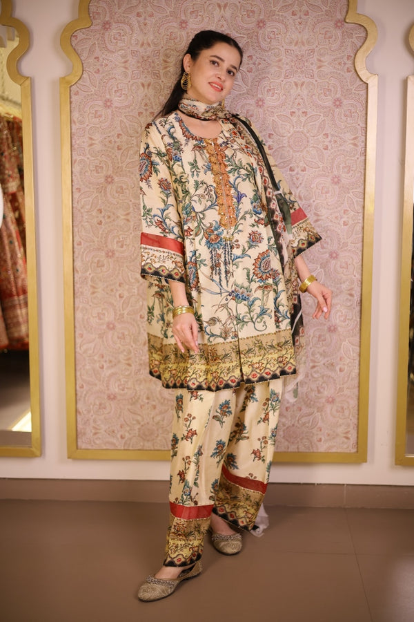 Digital Print Floral Suit-Ivory Beige