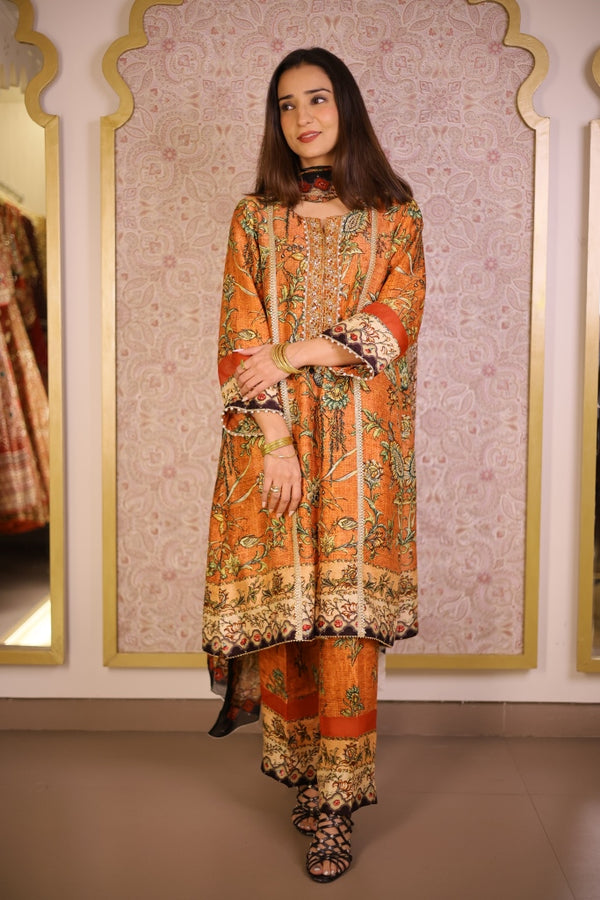 Digital Print Floral Suit-Rust Orange