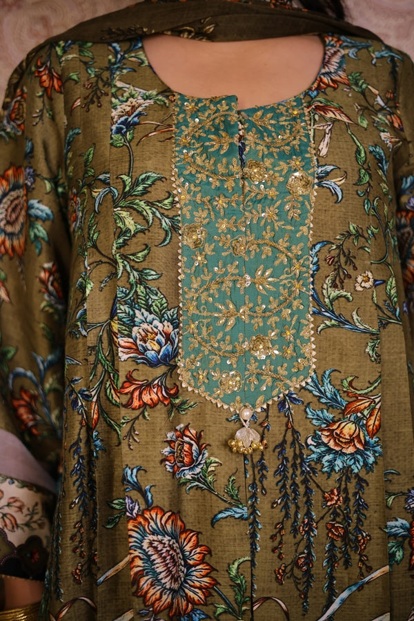 Digital Print Floral Suit-Olive Green