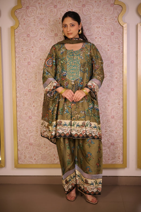 Digital Print Floral Suit-Olive Green