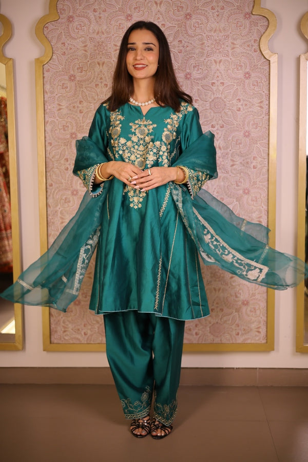 Rang-e-Zari Silk Chanderi Suit- Teal Green