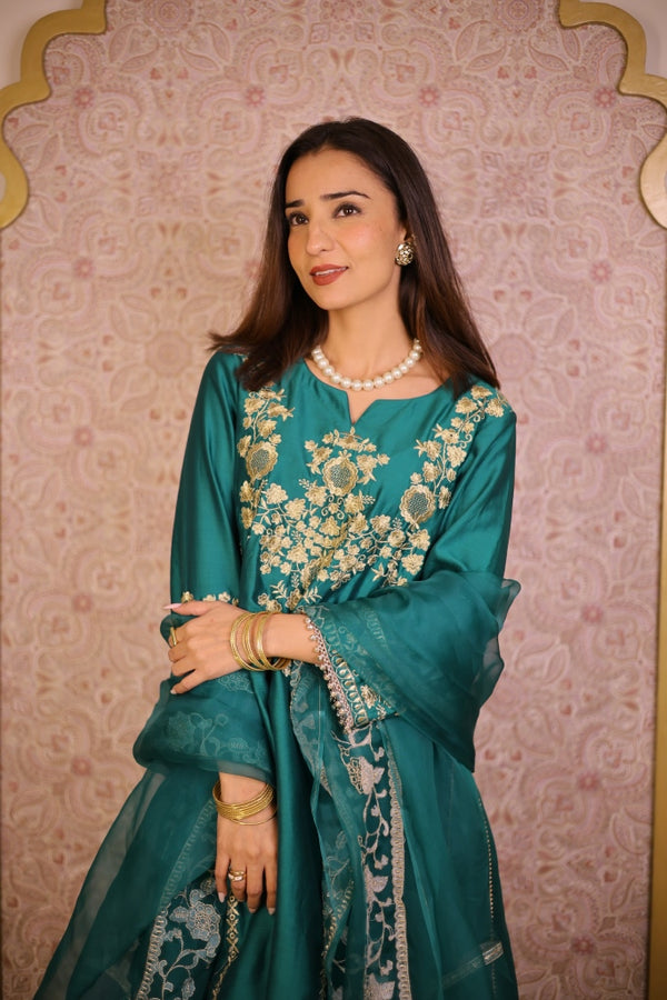 Rang-e-Zari Silk Chanderi Suit- Teal Green