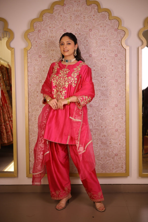 Rang-e-Zari Silk Chanderi Suit- Fuchsia Pink