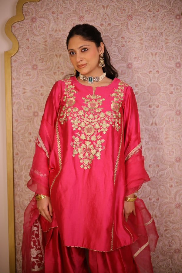 Rang-e-Zari Silk Chanderi Suit- Fuchsia Pink