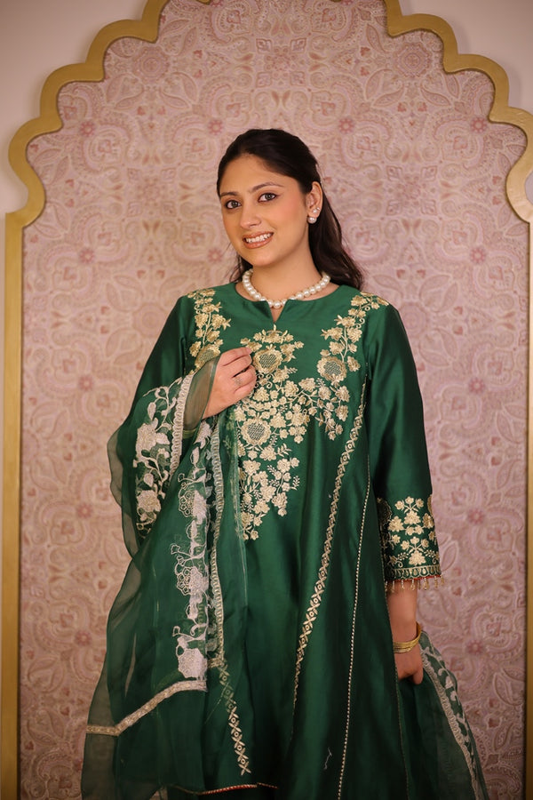 Rang-e-Zari Silk Chanderi Suit- Emerald Green