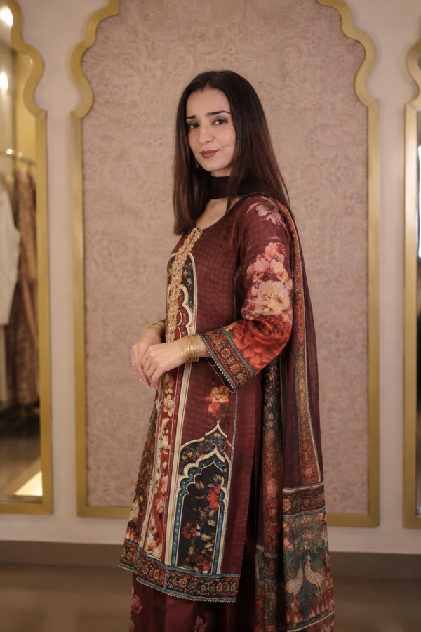 Digital Print Floral Suit-Brown