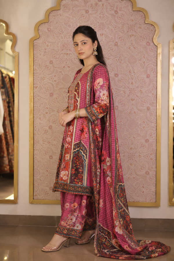 Digital Print Floral Suit-Hot Pink