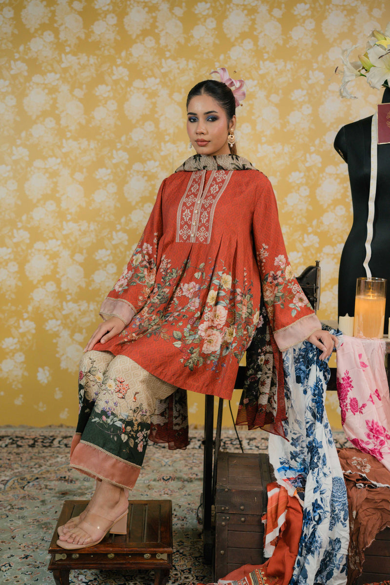 Muslin Cotton Suit- Rust Orange