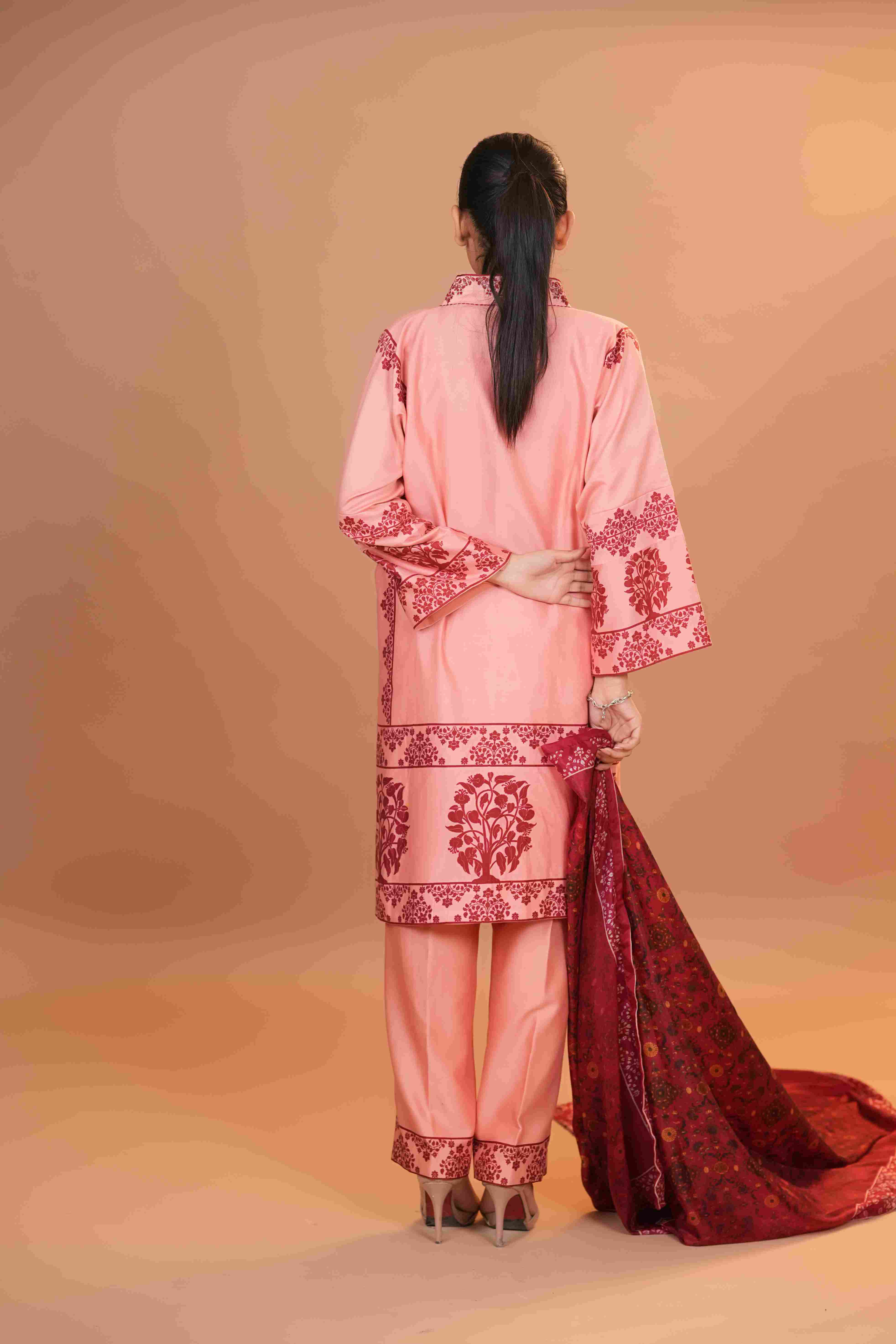 Tussar Chanderi Silk Suit - (Peach)