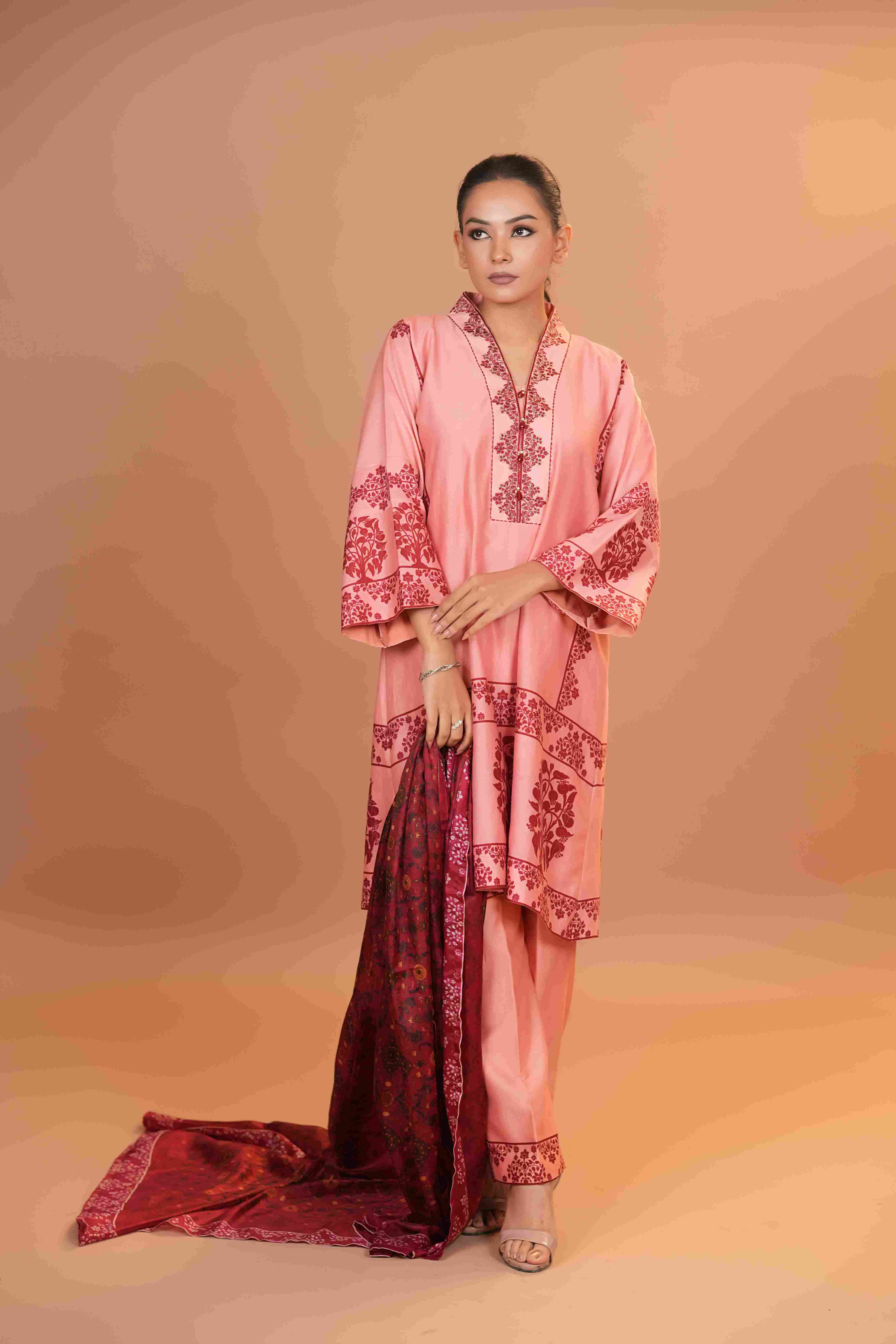 Tussar Chanderi Silk Suit - (Peach)