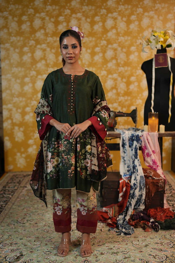 Dupion Silk Suit- Olive Green