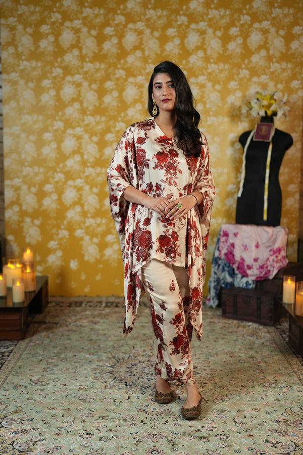 Silk Satin kaftaan & Trouser-Ivory