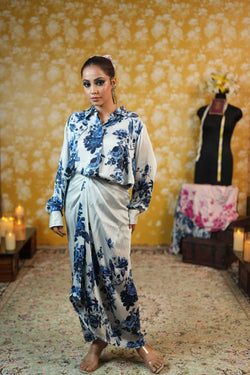 Silk Satin Wrap Around Skirt & Shirt-Blue