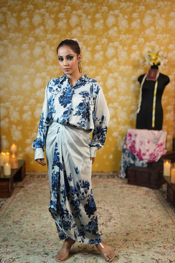 Silk Satin Wrap Around Skirt & Shirt-Blue