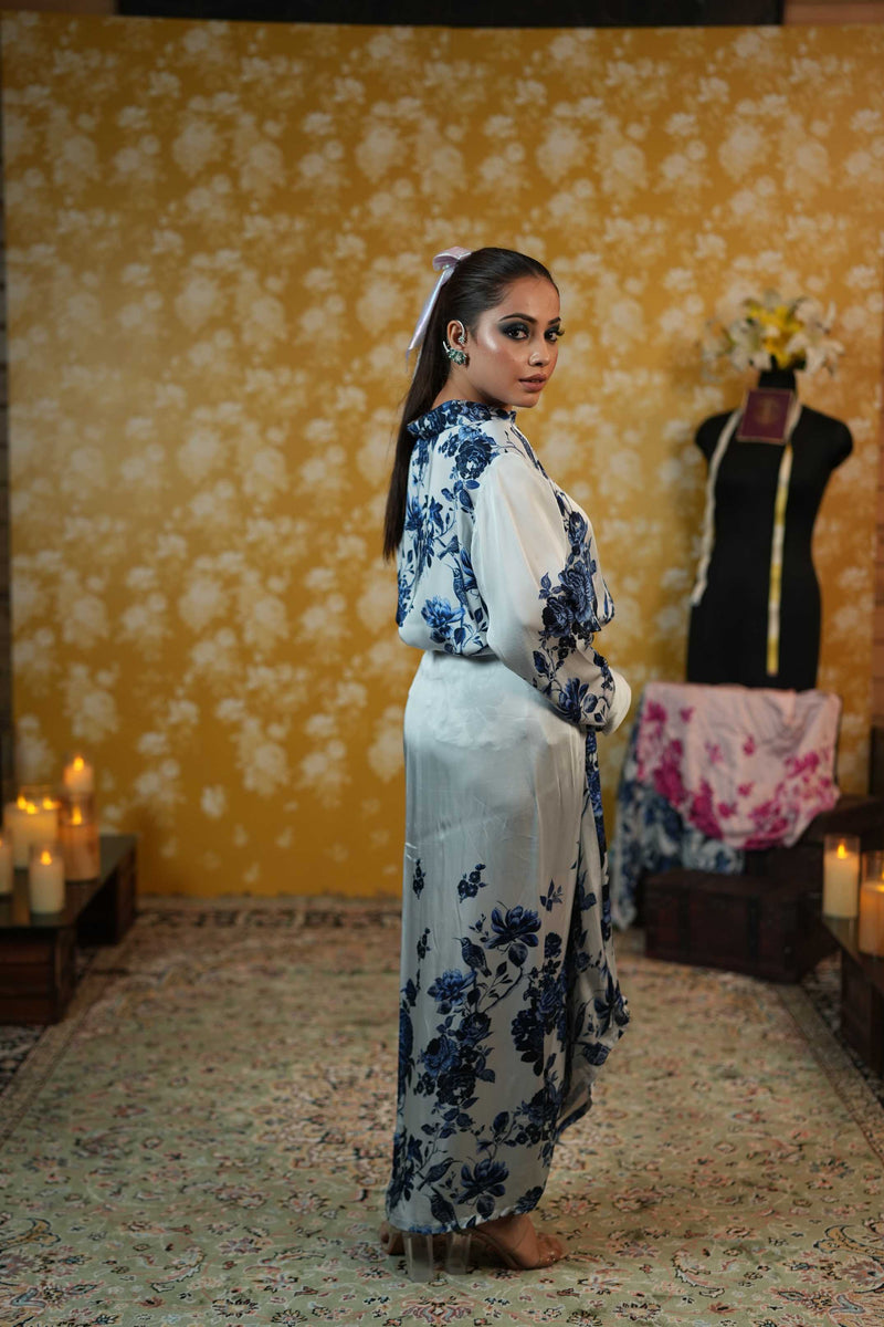 Silk Satin Wrap Around Skirt & Shirt-Blue
