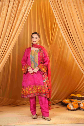 Silk Satin Mahakari Rangrez print - (Hot Pink)