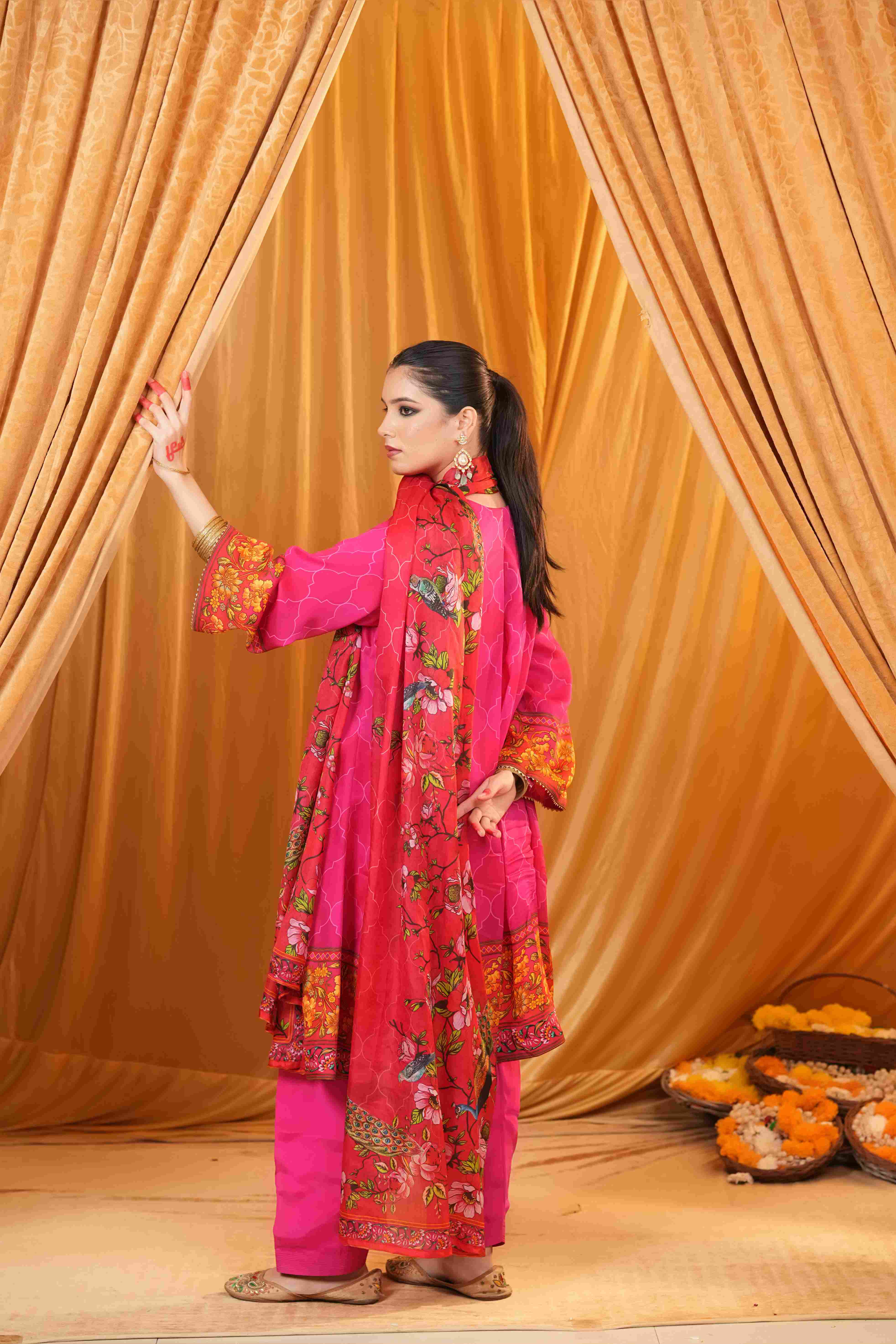 Silk Satin Mahakari Rangrez print - (Hot Pink)