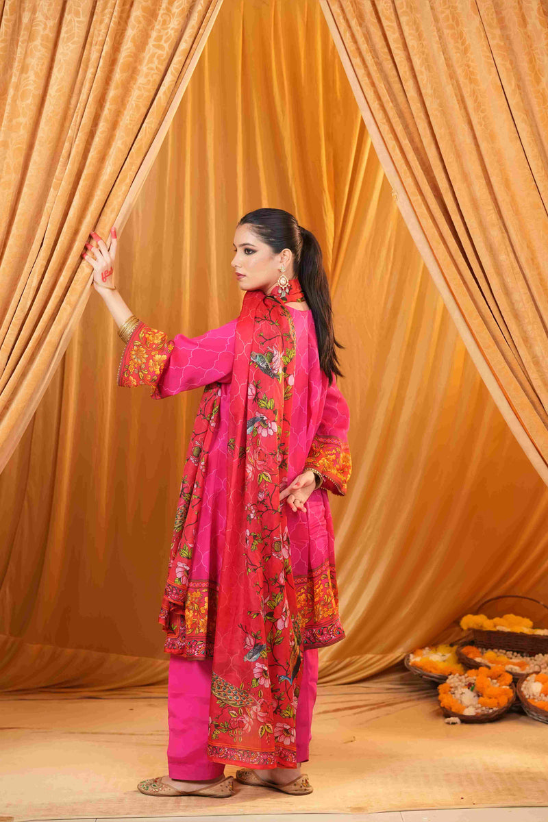 Silk Satin Mahakari Rangrez print - (Hot Pink)
