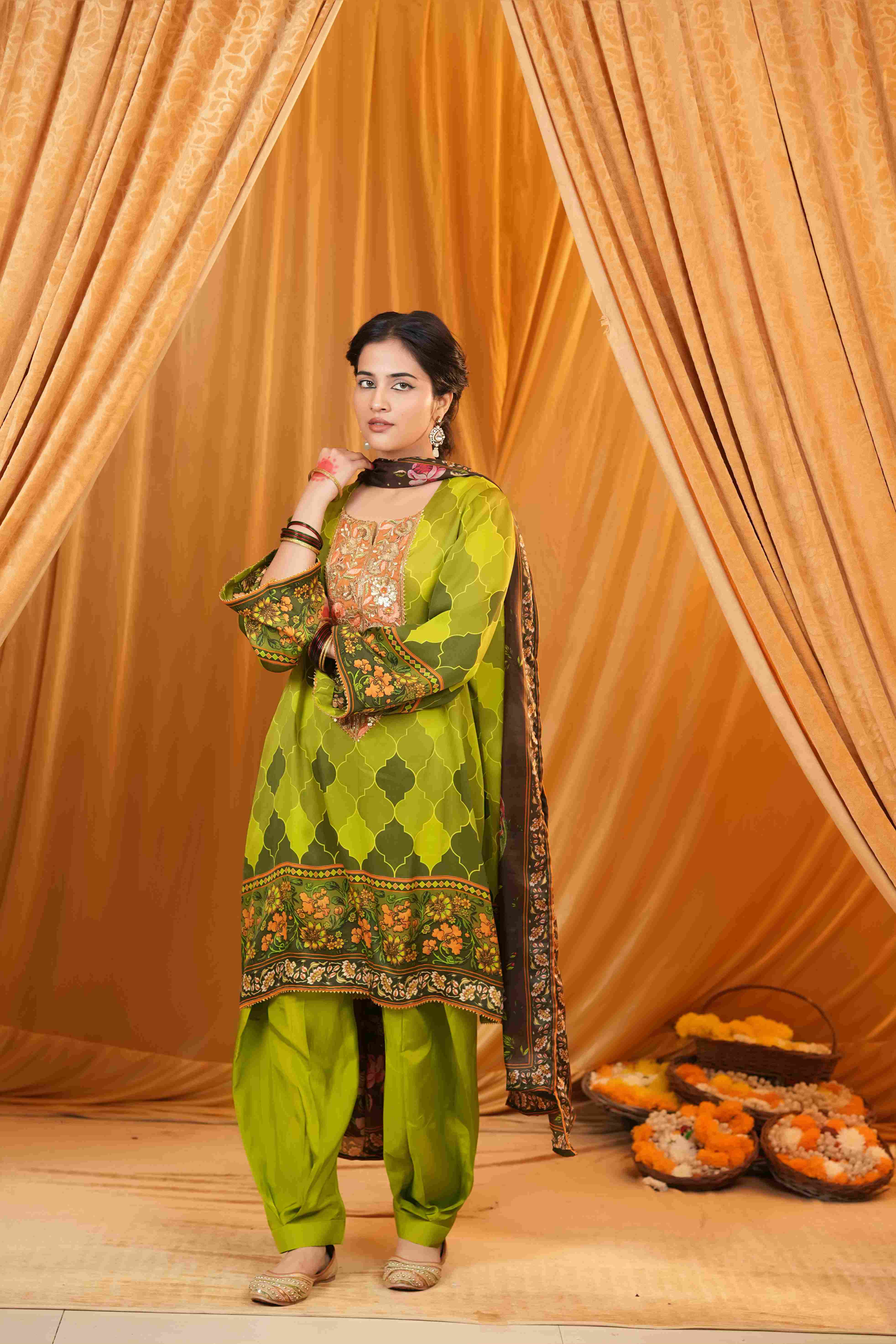 Silk Satin Mahakari Rangrez print - Green