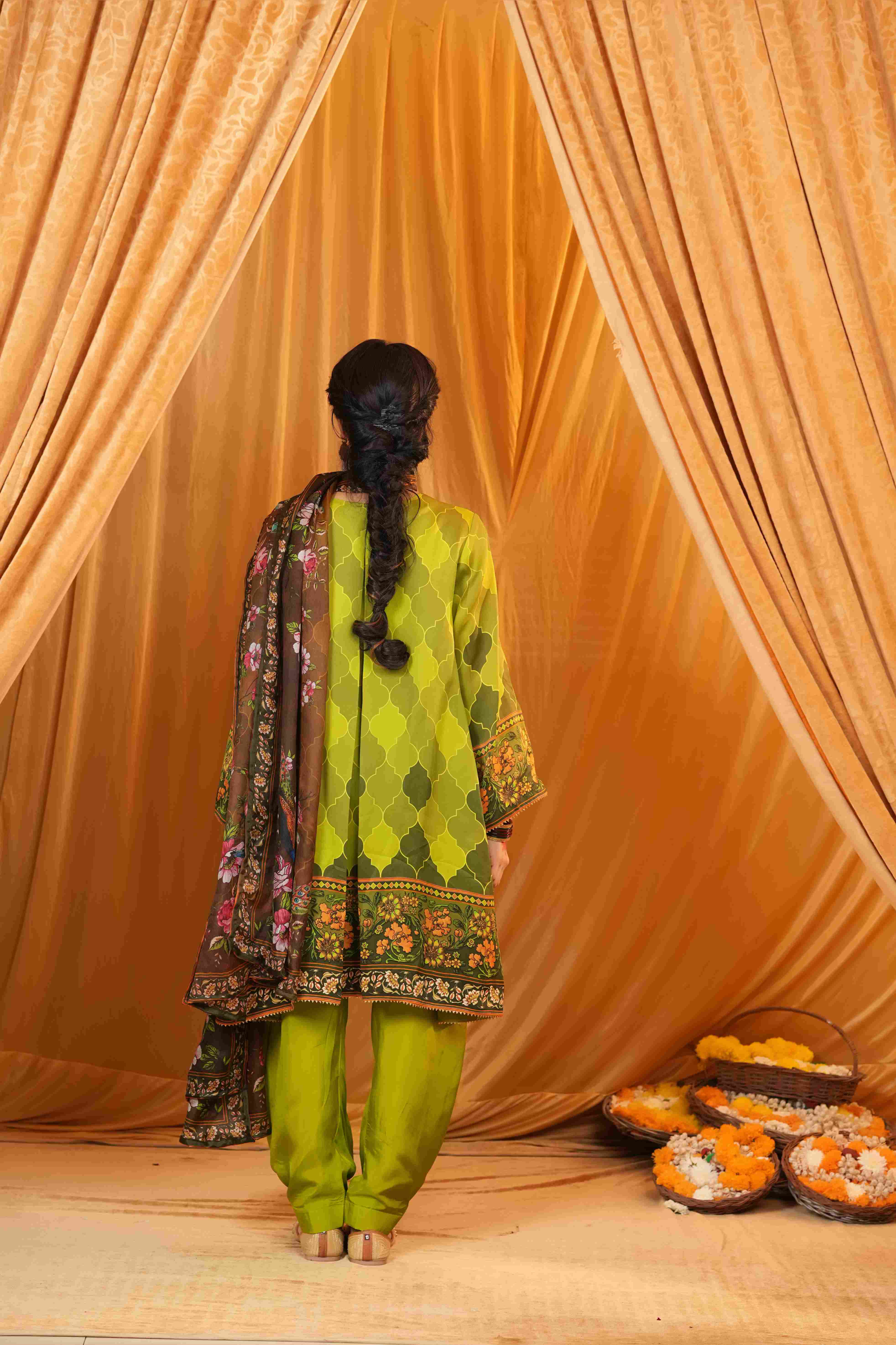 Silk Satin Mahakari Rangrez print - Green