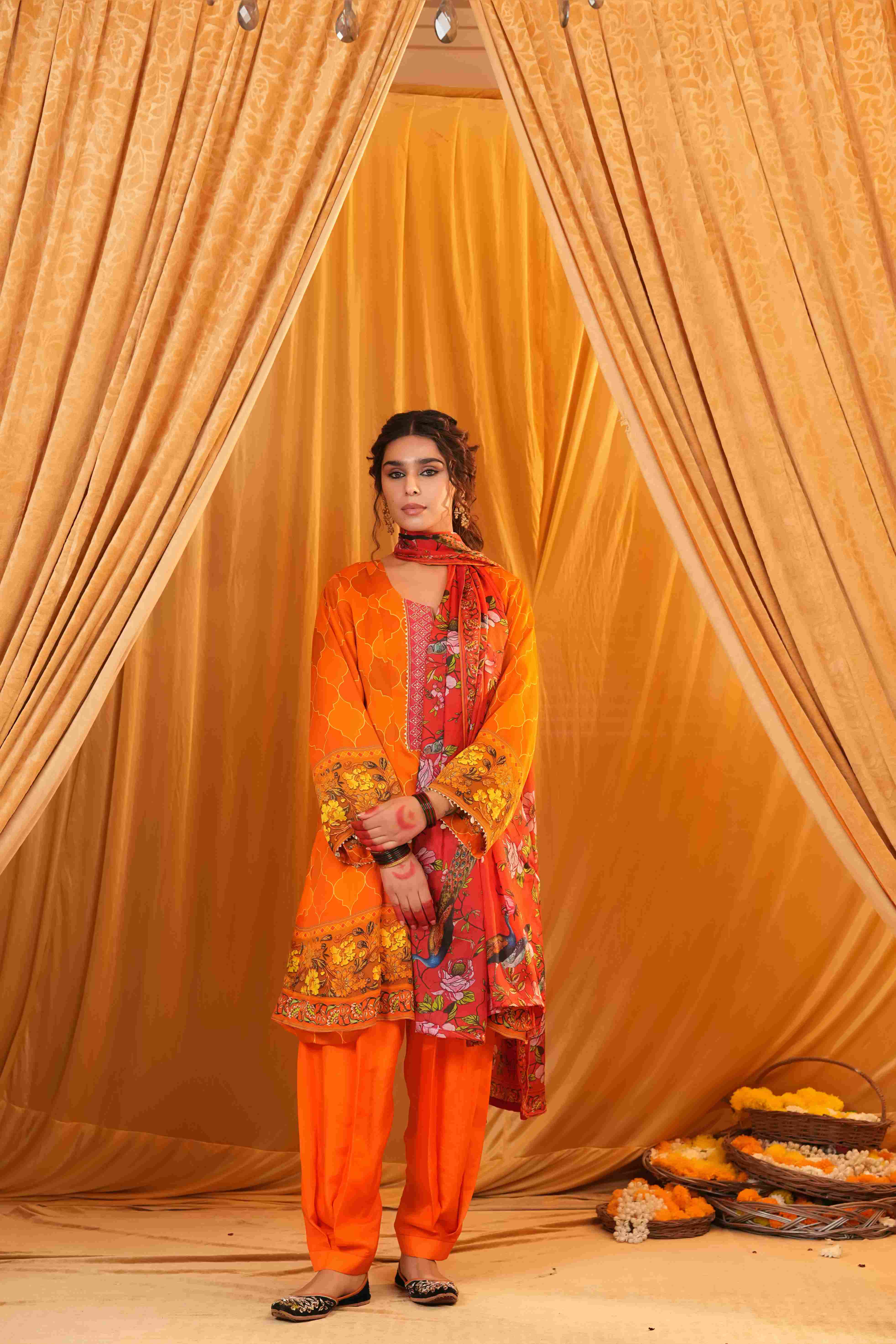 Silk Satin Mahakari Rangrez print - Red Orange