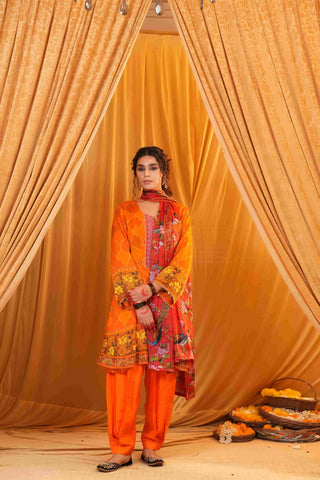Silk Satin Mahakari Rangrez print - Red Orange