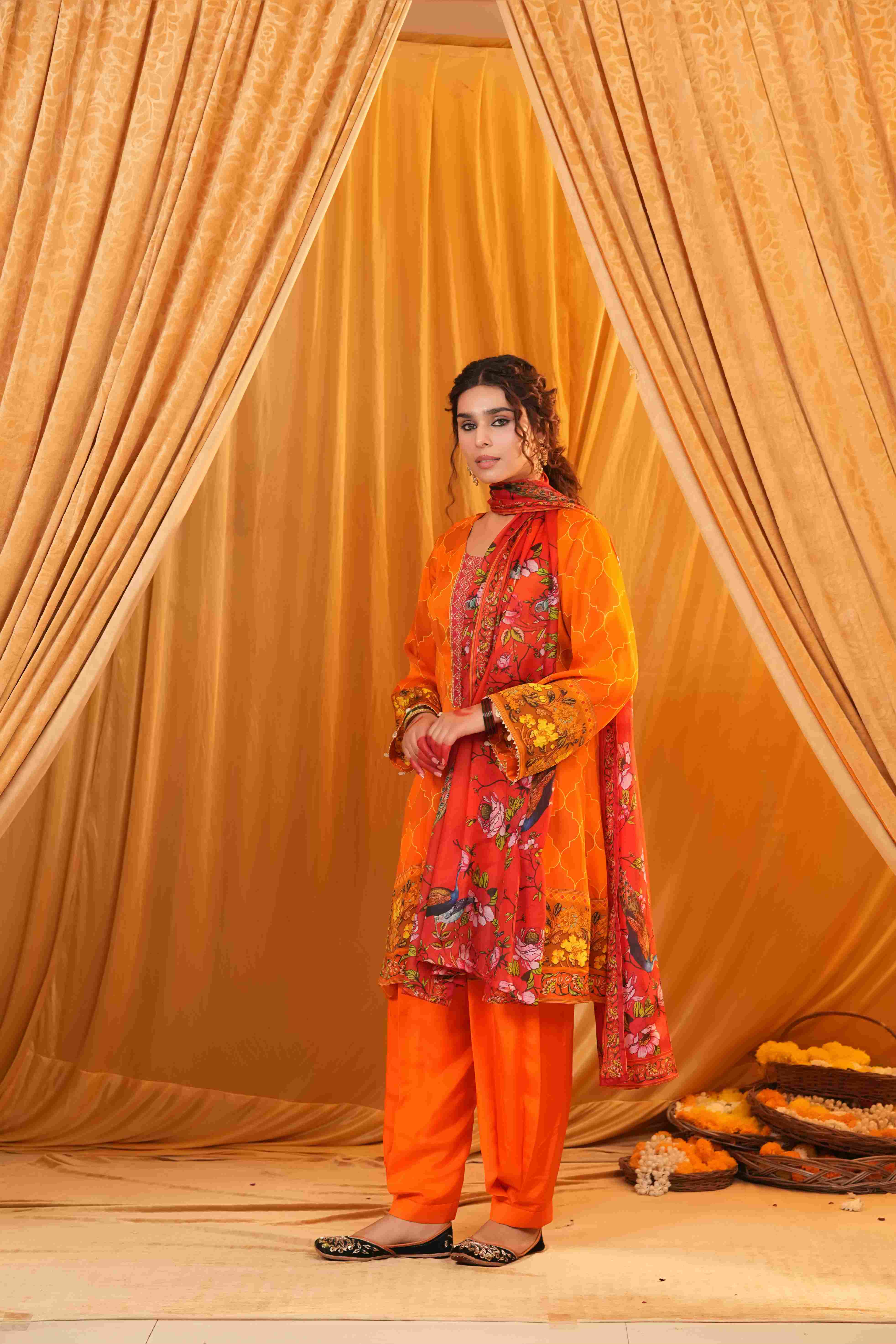 Silk Satin Mahakari Rangrez print - Red Orange