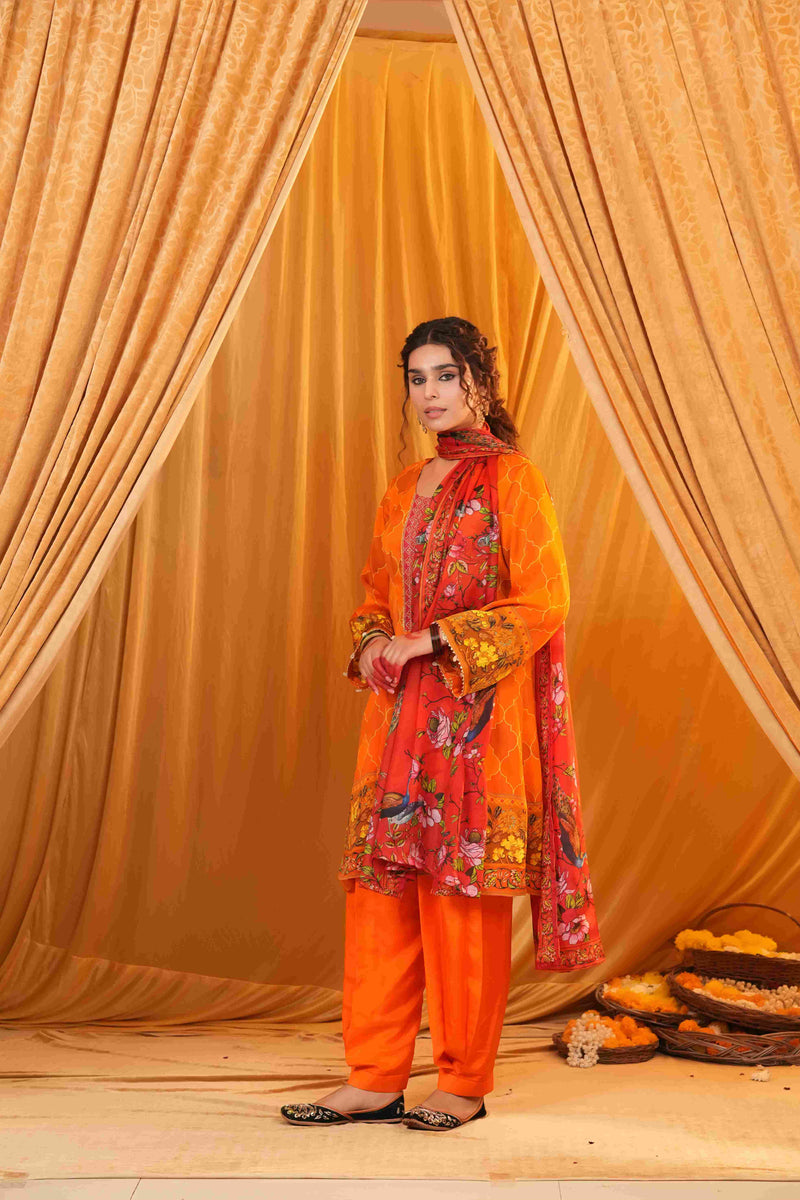 Silk Satin Mahakari Rangrez print - Red Orange