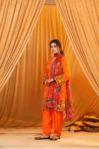 Silk Satin Mahakari Rangrez print - Red Orange