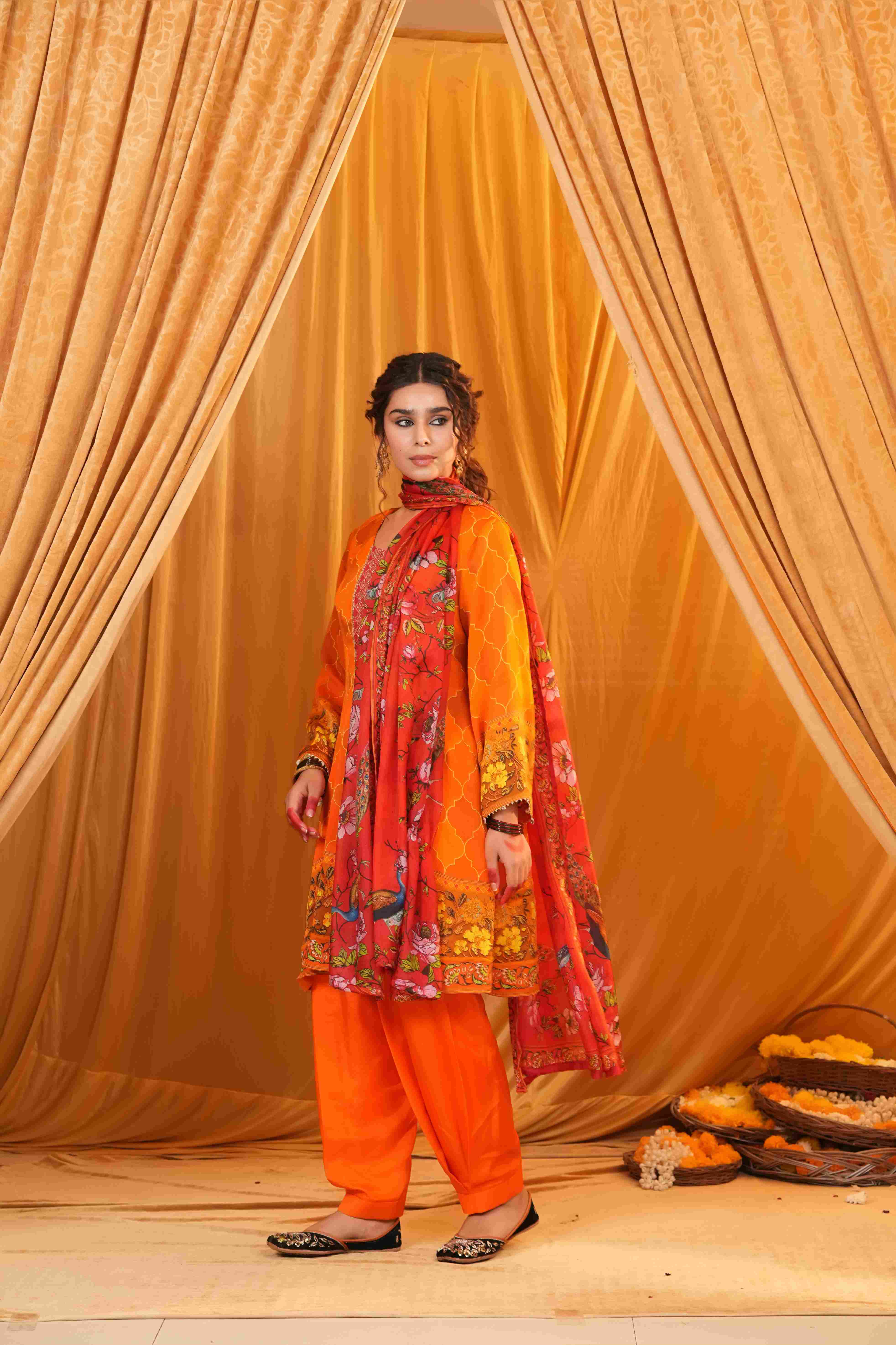 Silk Satin Mahakari Rangrez print - Red Orange