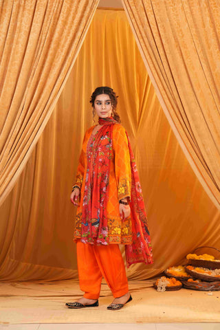 Silk Satin Mahakari Rangrez print - Red Orange