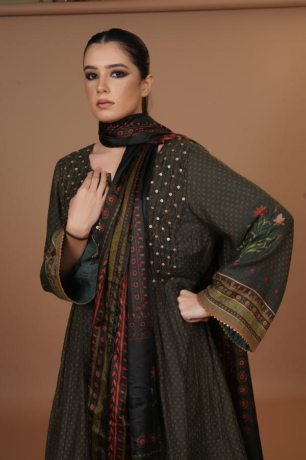Mahalkari Rajwara Smokey effect Anarkali - (Olive Green)