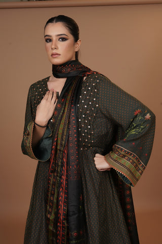 Mahalkari Rajwara Smokey effect Anarkali - (Olive Green)