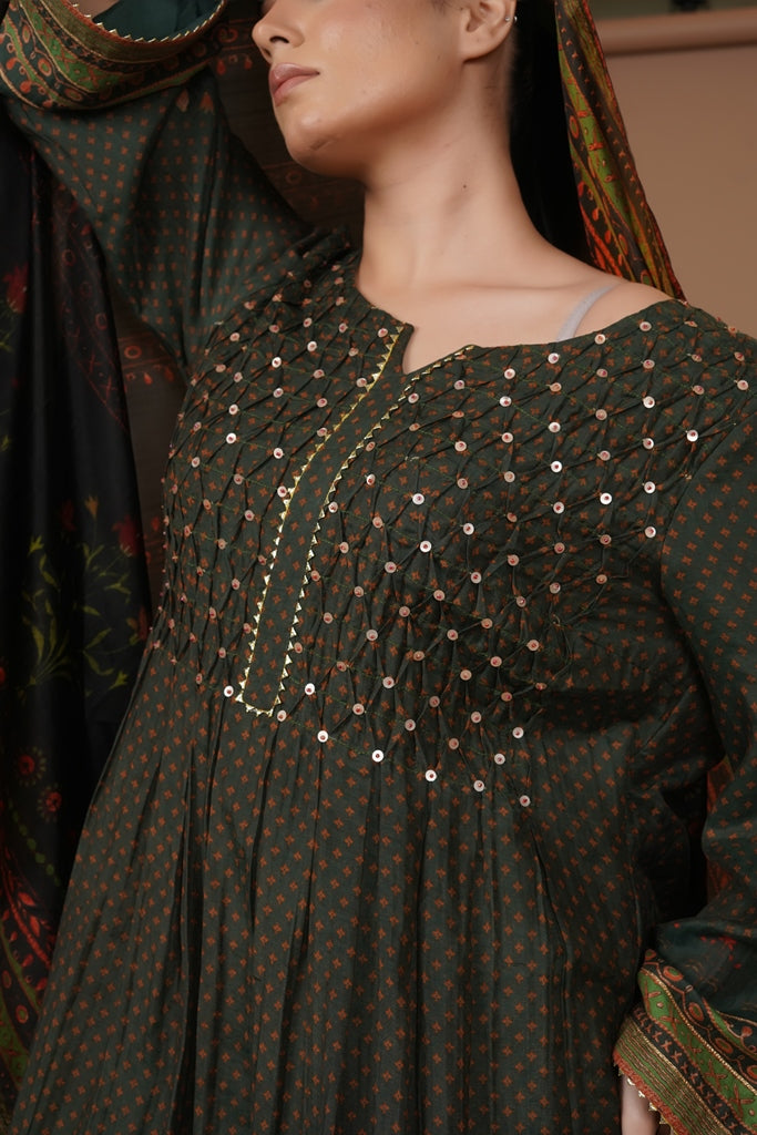 Mahalkari Rajwara Smokey effect Anarkali - (Olive Green)